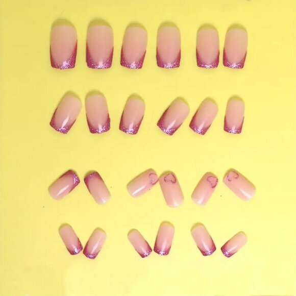 Nails Pink Glitter Heart Press On Style 24 Fake Glam Trendy Stylish Reusable - Picture 3 of 5